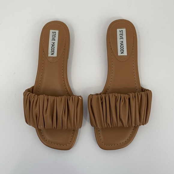 Steve Madden Delanee slide flat sandals shoe ruched gathered strap tan new 7 - Picture 1 of 7
